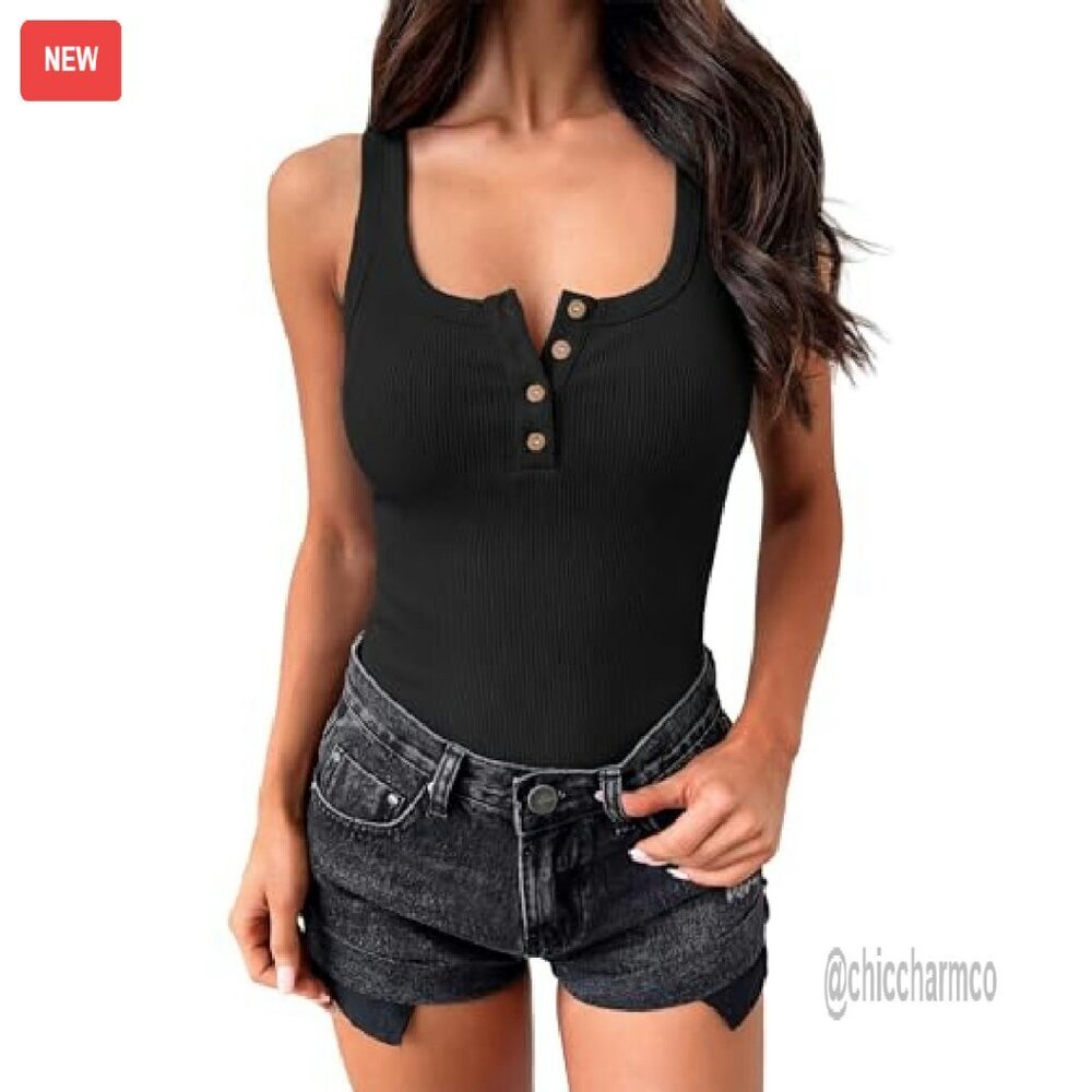 Ribbed Henley Tank Top Slim Fit Sleeveless Cami Button Up Workout Casual - Picture 2 of 8